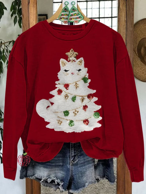 Cat Christmas Tree Light Printed Christmas Casual Sweatshirt