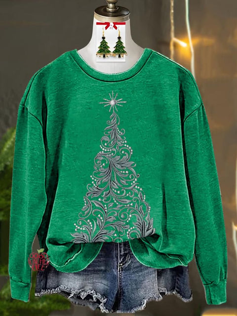 Tengman Christmas Tree Imitation Embroidery Printed Casual Sweatshirt