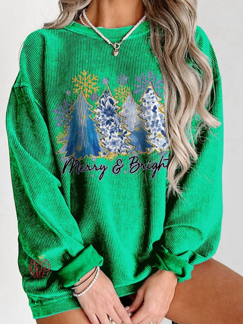 Women's Christmas Blue Floral Coquette Christmas Tree Merry & Bright Casual Print Sweatshirt