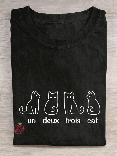 Un Deux Trois Cat French Teacher Casual Print T-shirt