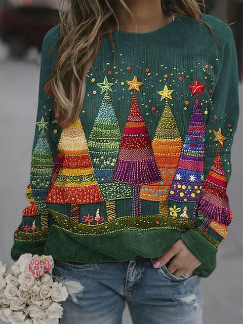 Women's Lovely Christmas Tree Art Print Casual Long Sleeve Sweatshirt