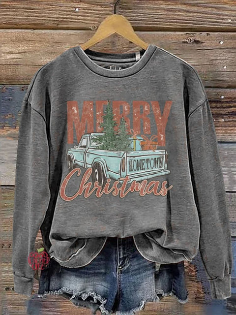 Merry Christmas Car Christmas Tree Print Casual Sweatshirt