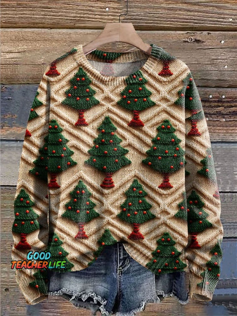 Christmas Tree Print Knit Pullover Sweater