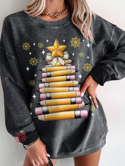 Women's Christmas Pencil Tree Christmas Light Teacher Casual Print Corduroy Sweatshirt