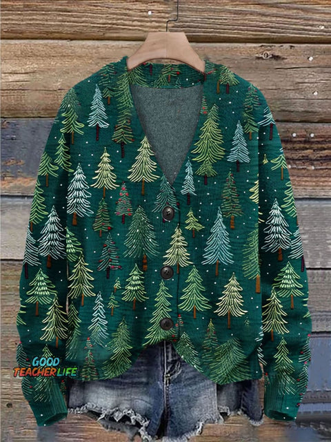 Christmas Gift Christmas Tree Print Buttoned V-neck Cardigan Sweater