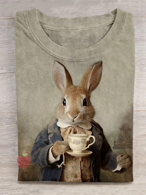 Bunny In Suit Having A Tea Time Surreal Art Printed T-shirt