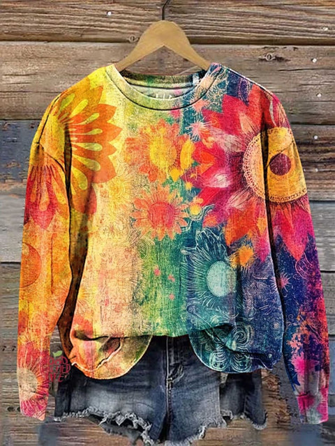 Hippie Art Colorful Flowers Casual Sweatshirt