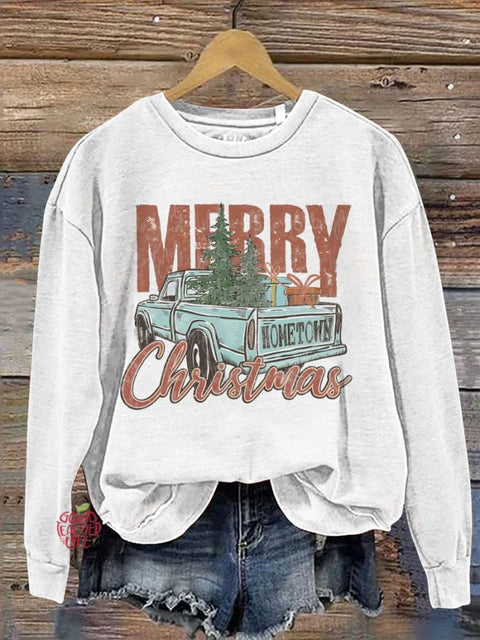 Merry Christmas Car Christmas Tree Print Casual Sweatshirt