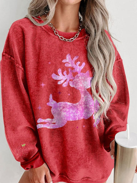 Women's Pink Girls Christmas Casual Print Corduroy Sweatshirt