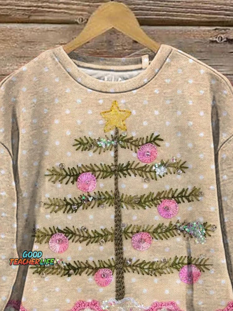 Folk Style Christmas Tree Patchwork Art Printed Casual Sweatshirt