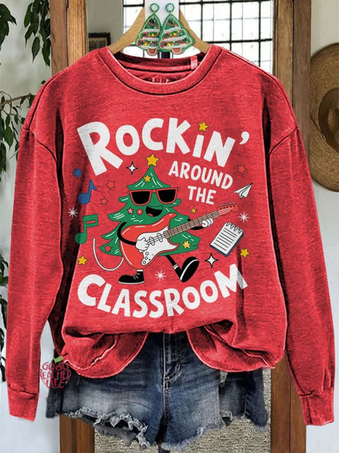 Rockin Around The Classroom Retro Teacher Christmas Casual Sweatshirt