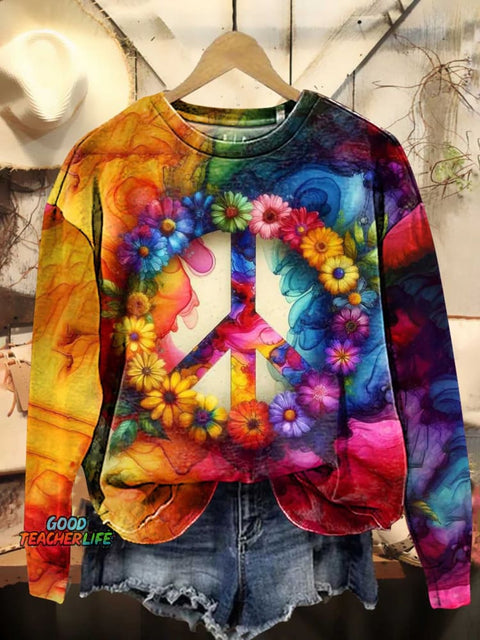 Hippie Peace Sign Love and Peace Rainbow Casual Sweatshirt