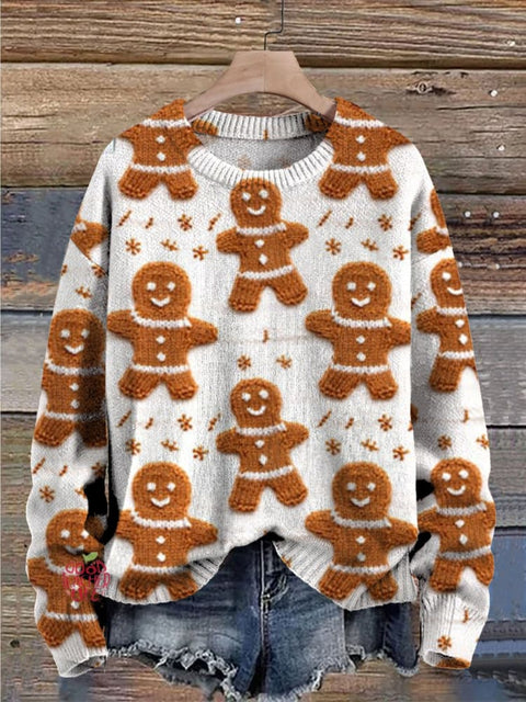 Christmas Gingerbread Man Claus Print Knit Pullover Sweater