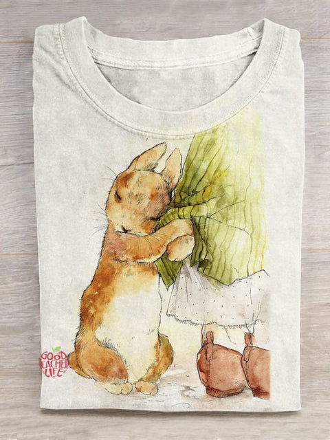 Bunny Cuddling With Green Dress Watercolor Illustration Printed T-shirt