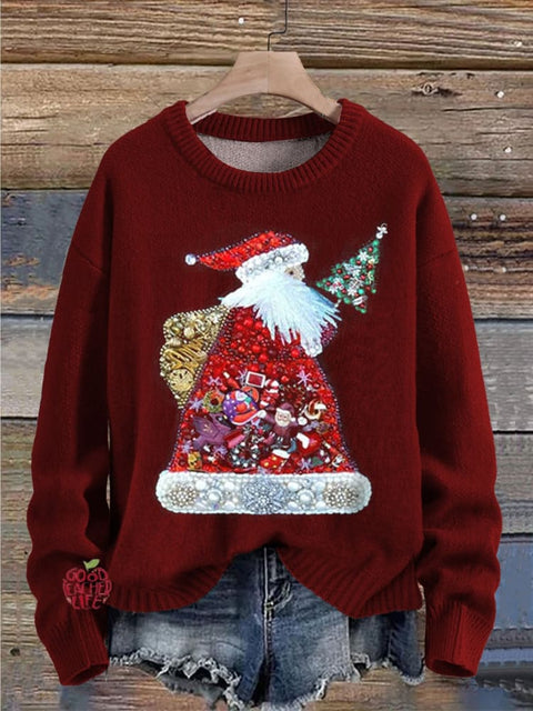 Christmas Jewelry Art Santa Claus Print Knit Pullover Sweater