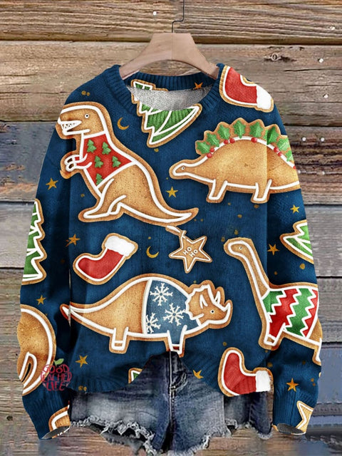 Christmas Cookie Dinosaur Art Print Knit Pullover Sweater