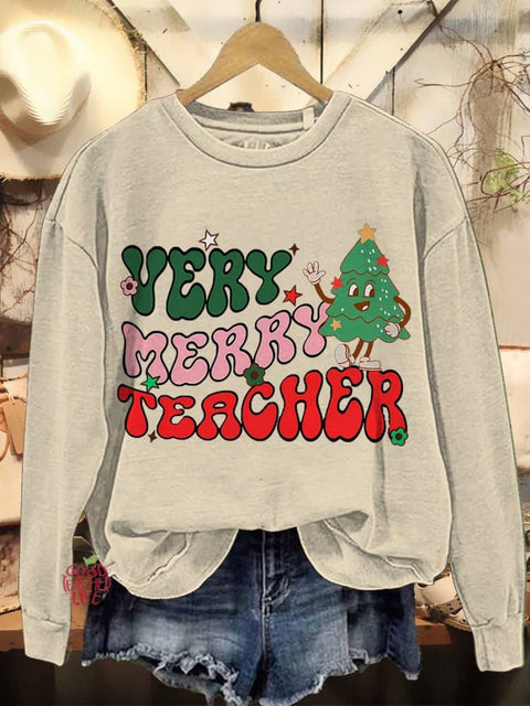 Merry Christmas Very Merry Teacher Casual Print Sweatshirt