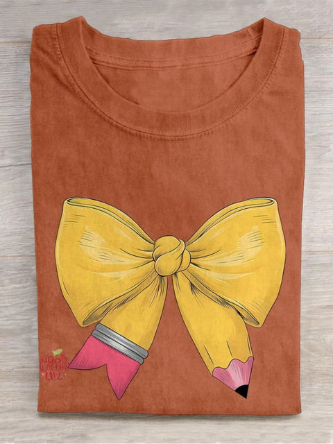 Coquette Pencil Bow Teacher Casual Print T-shirt