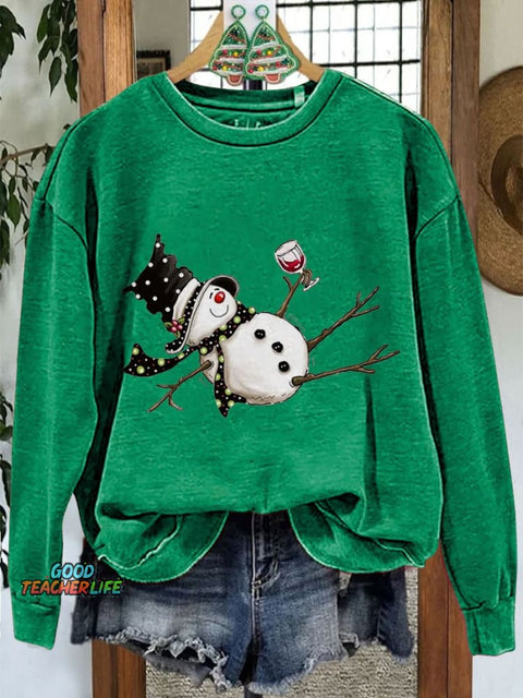 Drunk Snowman Drinking Wine Winter Holiday Christmas Casual Print Sweatshirt