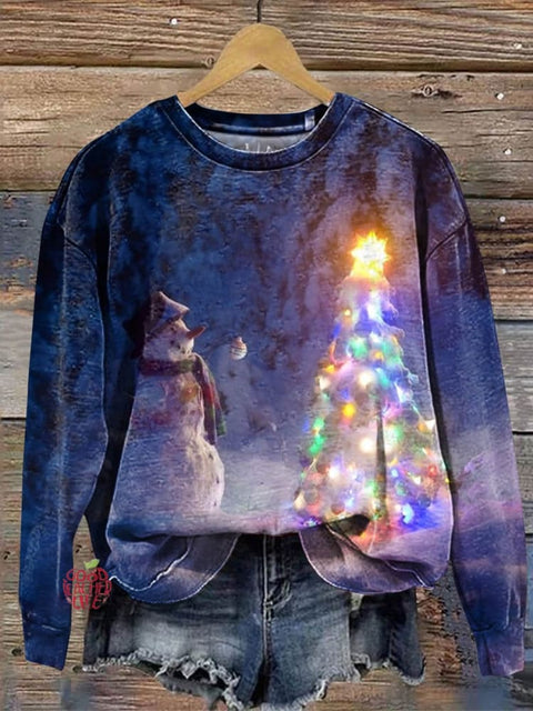 Women's Snowman in Spruce Forest Print Casual Crew Neck Sweatshirt