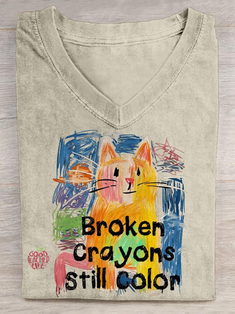 Broken Crayons Still Color Cat Teacher V-neck Casual T-Shirt