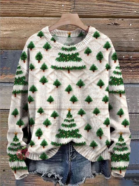 Christmas Tree Claus Print Knit Pullover Sweater