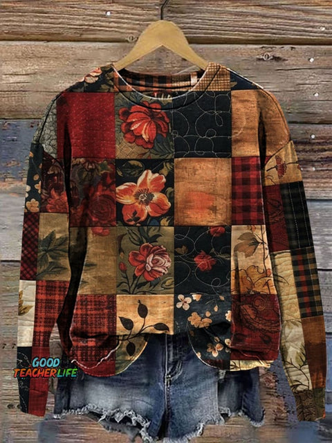 Retro Floral Patchwork Art Prrint Casual  Sweatshirt