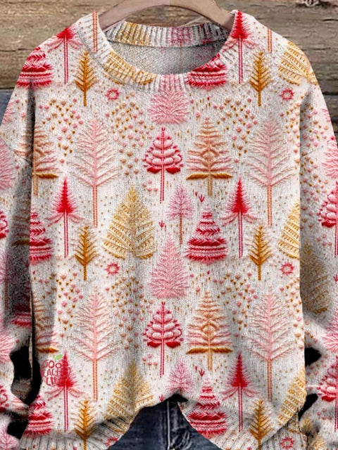 Christmas Tree Art Pattern Print Casual Knit Pullover Sweater