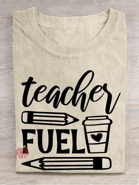 Teacher Fuel Pencil Coffee Casual Print T-shirt