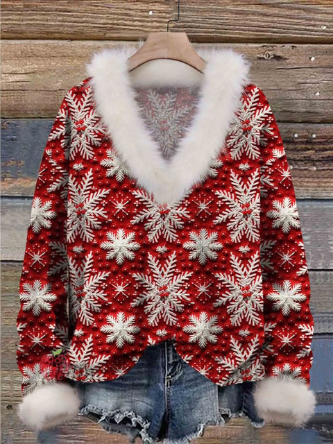 Christmas Snowflake Print Knit Pullover Fur Collar Sweater