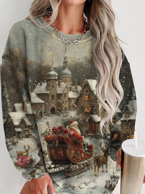 Christmas Village Santa Claus Gives Gifts Printed Women's Casual Sweatshirt