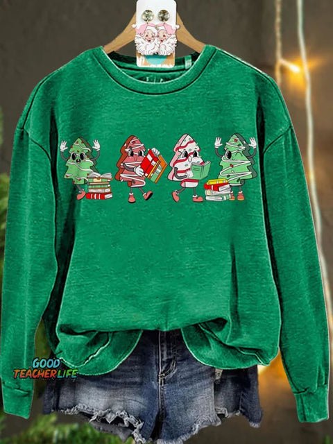 Christmas Cake Tree Reading Book Casual  Sweatshirt