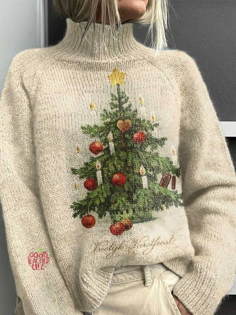 Christmas Tree Art Print Knit Turtleneck Pullover Sweater