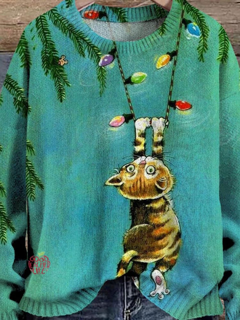 Christmas Cute Cat Art Pattern Print Casual Knit Pullover Sweater