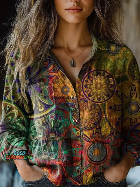 Women's Retro Ethnic Totem Pattern Print Casual Long Sleeve Comfortable Cotton Shirt