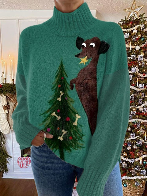 Dachshund Glitter  Christmas Tree Print Knit Turtleneck Pullover Sweater