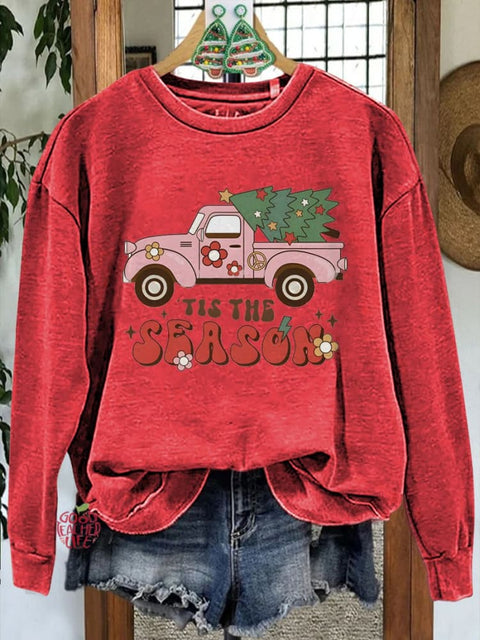 Pink Car Christmas Tree Print Casual Sweatshirt