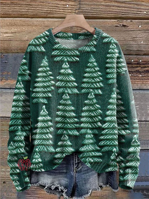 Green Christmas Tree Print Knit Pullover Sweater