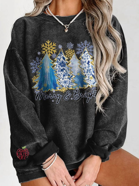 Women's Christmas Blue Floral Coquette Christmas Tree Merry & Bright Casual Print Sweatshirt