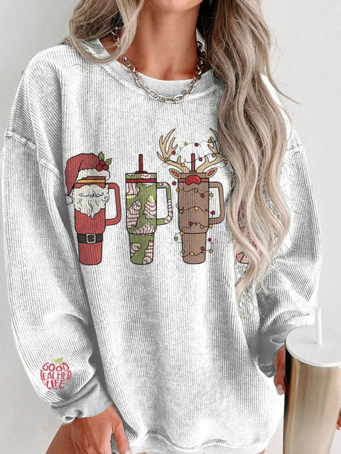 Christmas Retro Cup Women's  Casual Print Corduroy Sweatshirt