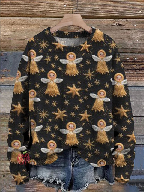 Christmas Angle Star Claus Print Knit Pullover Sweater