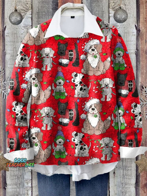 Christmas Dog Art Print Knit Pullover Sweater