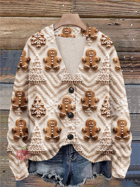 Christmas Gift Christmas Cookies Print Buttoned V-neck Cardigan Sweater