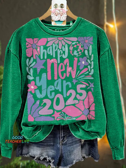 Retro Happy new year 2025 pastel floral Casual  Sweatshirt