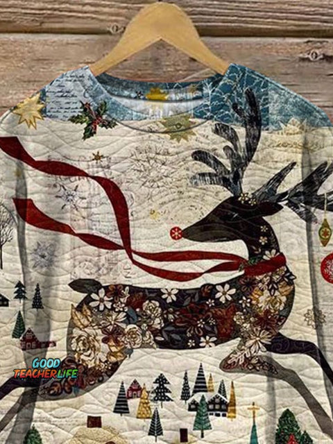 Christmas Reindeer Quilt Art Printed Casual Sweatshirt