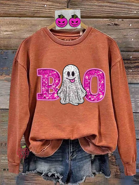 Retro Glitter Halloween Boo Print Sweatshirt