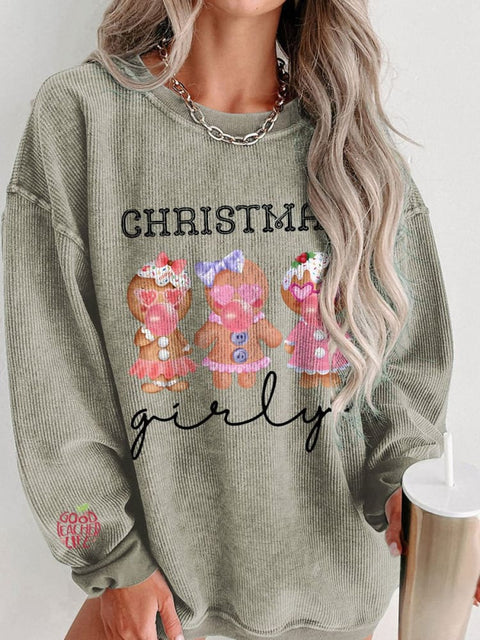 Women's Christmas Girly Gingerbread Man Casual Print Corduroy Sweatshirt