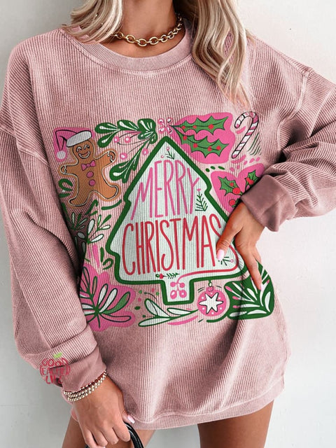 Christmas Boho Floral Christmas Women's  Casual Print Corduroy Sweatshirt