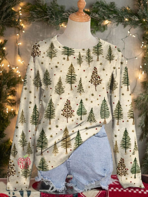 Cute Retro Christmas Tree Art Print Knit Pullover Sweater