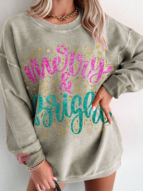 Christmas Merry & Bright Golden Glitter Women's  Casual Print Corduroy Sweatshirt